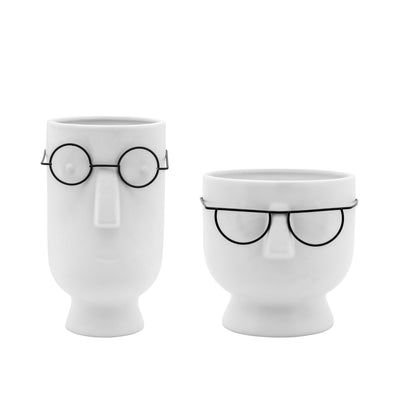 6H FACE W/GLASSES PLANTER, WHITE