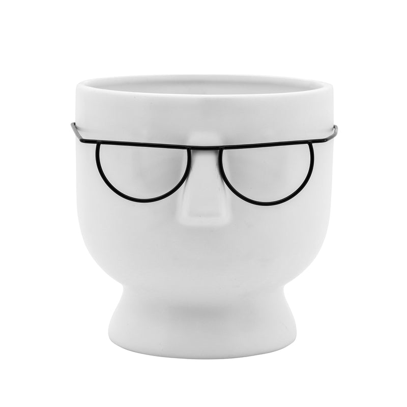 6H FACE W/GLASSES PLANTER, WHITE