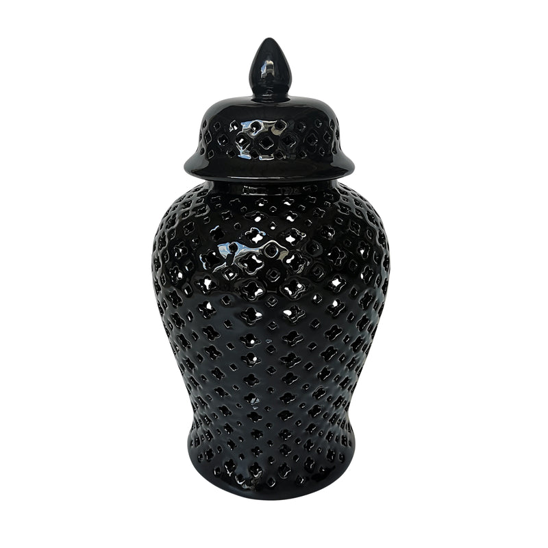 17 CUT-OUT CLOVER TEMPLE JAR, BLACK