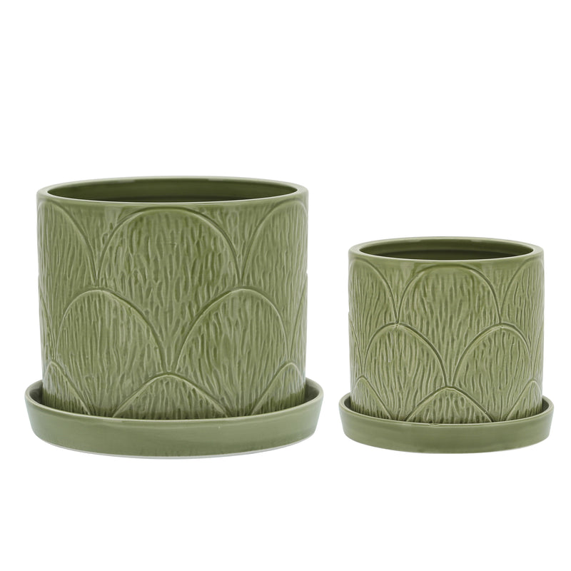 S/2 SHELL PLANTERS W/ SAUCER 6/8, GREEN