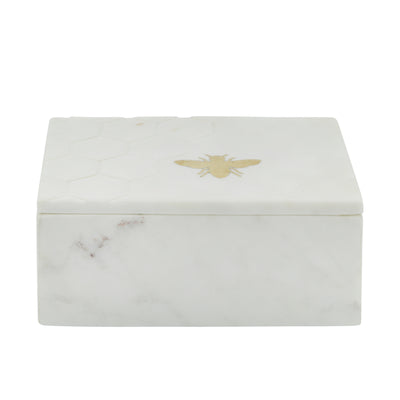 MARBLE 7X5 MARBLE BOX W/ BEE ACCENT WHITE