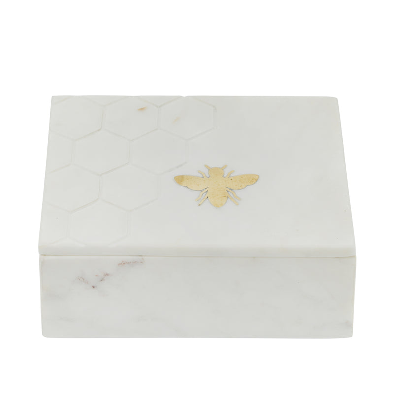 MARBLE 7X5 MARBLE BOX W/ BEE ACCENT WHITE