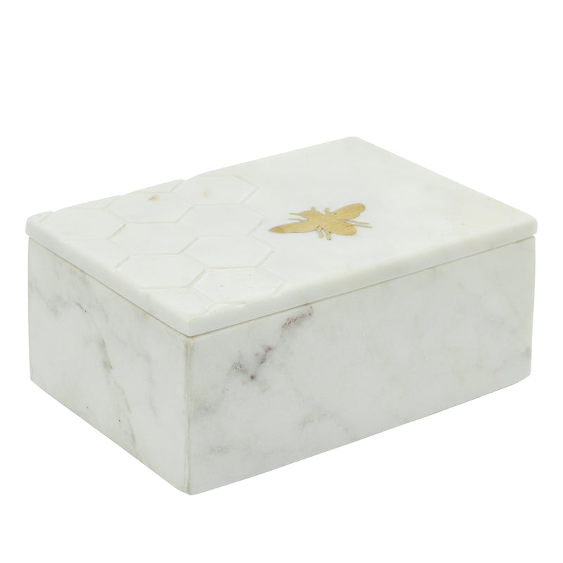 MARBLE 7X5 MARBLE BOX W/ BEE ACCENT WHITE