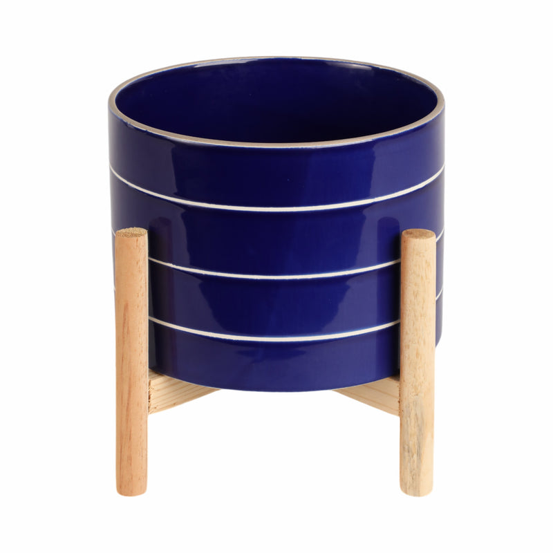 8 STRIPED PLANTER W/ WOOD STAND, NAVY