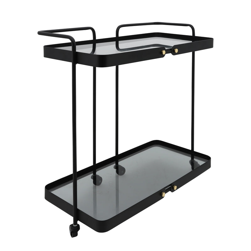 METAL, 27H 2-LAYERED BAR CART W/ SMOKEY GLASS, BL