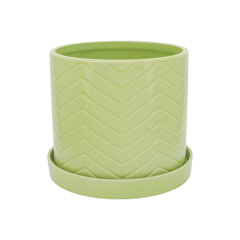 S/2 10/12 CHEVRON PLANTER W/ SAUCER, GREEN