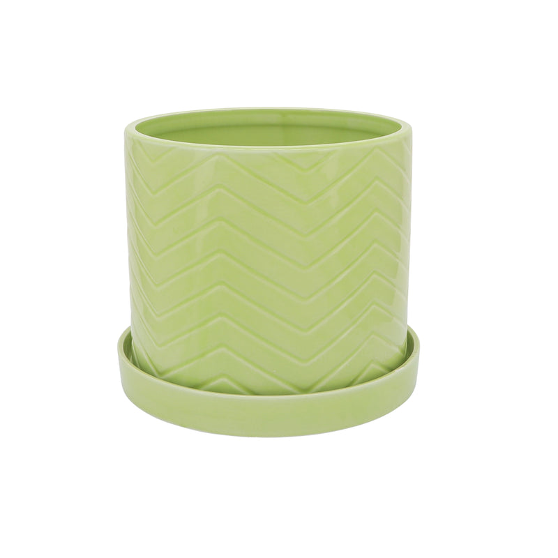 S/2 10/12 CHEVRON PLANTER W/ SAUCER, GREEN