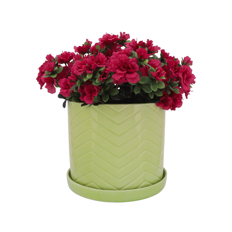 S/2 10/12 CHEVRON PLANTER W/ SAUCER, GREEN