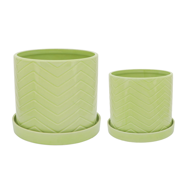 S/2 10/12 CHEVRON PLANTER W/ SAUCER, GREEN