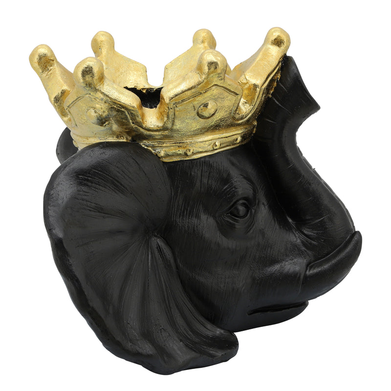 RESIN 16 ELEPHANT W/ CROWN, BLACK