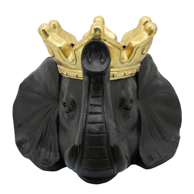 RESIN 16 ELEPHANT W/ CROWN, BLACK