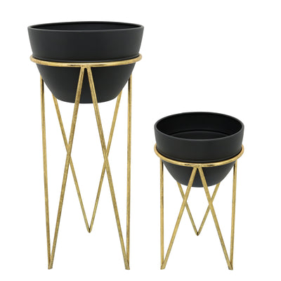 S/2 12/14 METAL PLANTER, BLK/GLD