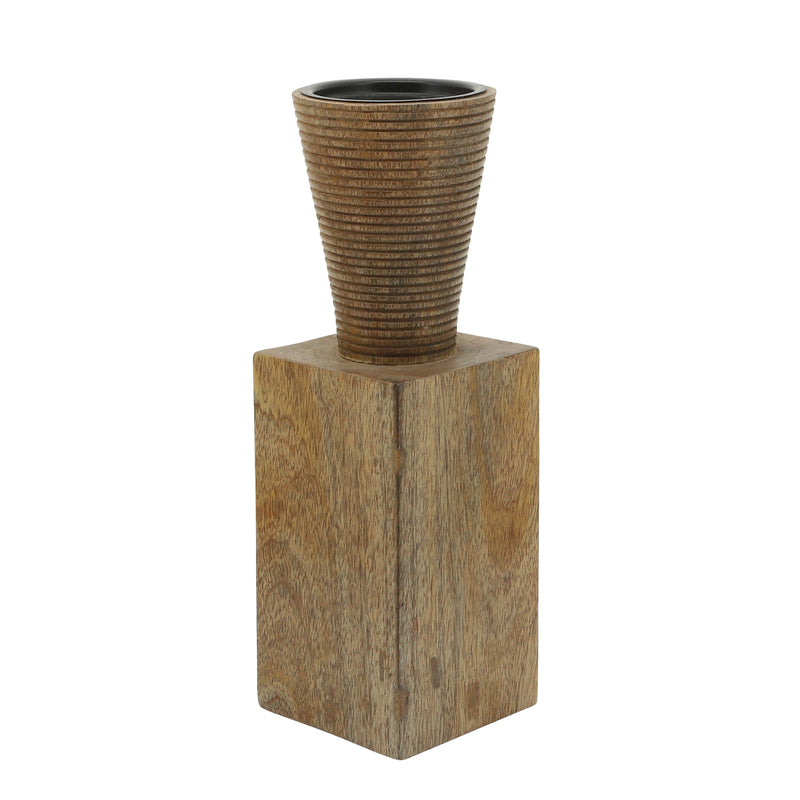 Wood, 11H, Geometric Candle Holder, Brown