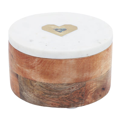 MARBLE/WOOD, 5X5 ROUND BOX-HEART, WHITE