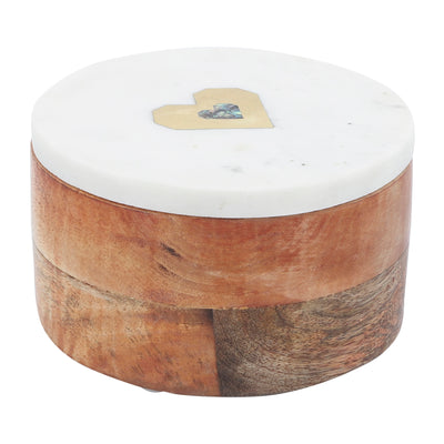 MARBLE/WOOD, 5X5 ROUND BOX-HEART, WHITE