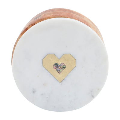 MARBLE/WOOD, 5X5 ROUND BOX-HEART, WHITE