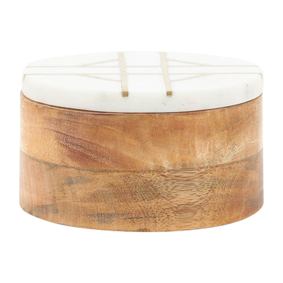 WOOD, 6D ROUND BOX WITH WHITE MARBL