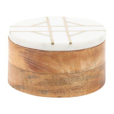 WOOD, 6D ROUND BOX WITH WHITE MARBL