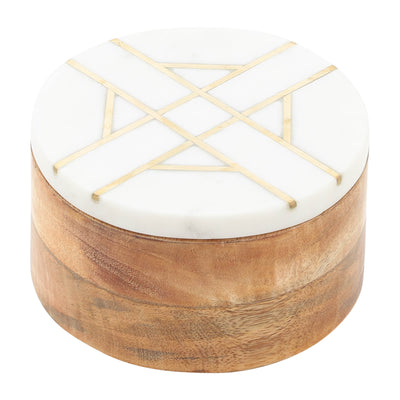 WOOD, 6D ROUND BOX WITH WHITE MARBL