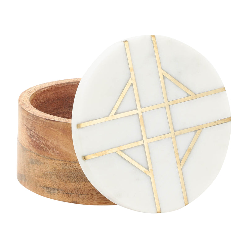 WOOD, 6D ROUND BOX WITH WHITE MARBL