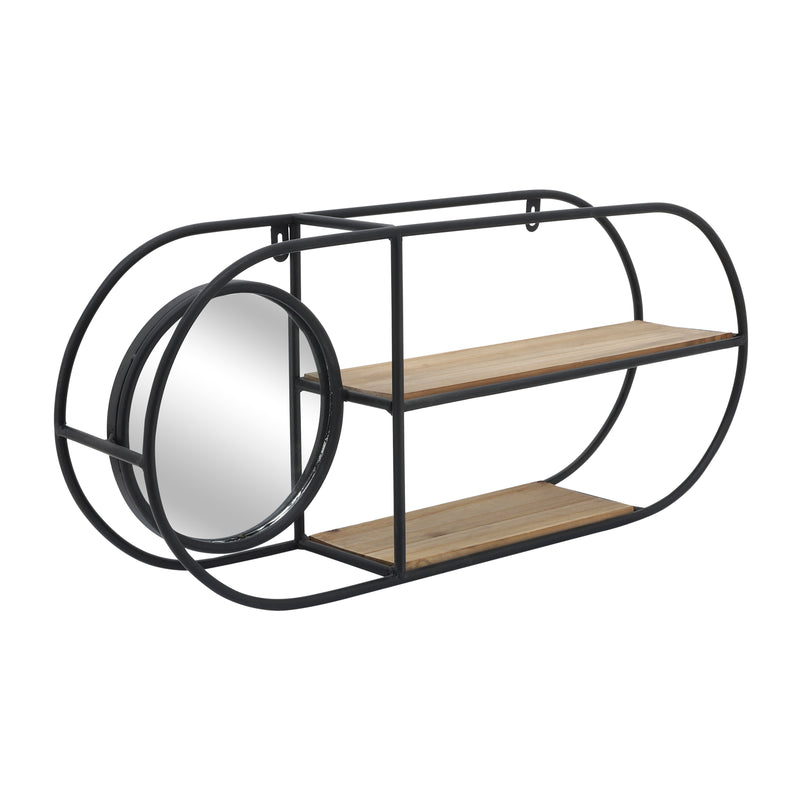 METAL/WOOD, 23L OVAL WALL SHELF W/ MIRROR, BLACK/