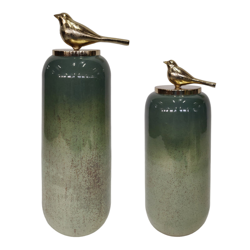 S/2 18/22finch Glass Bottles W/bird Metal Top,grn