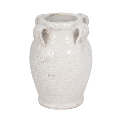 7 Terracotta Vase With Handles, White Crackle