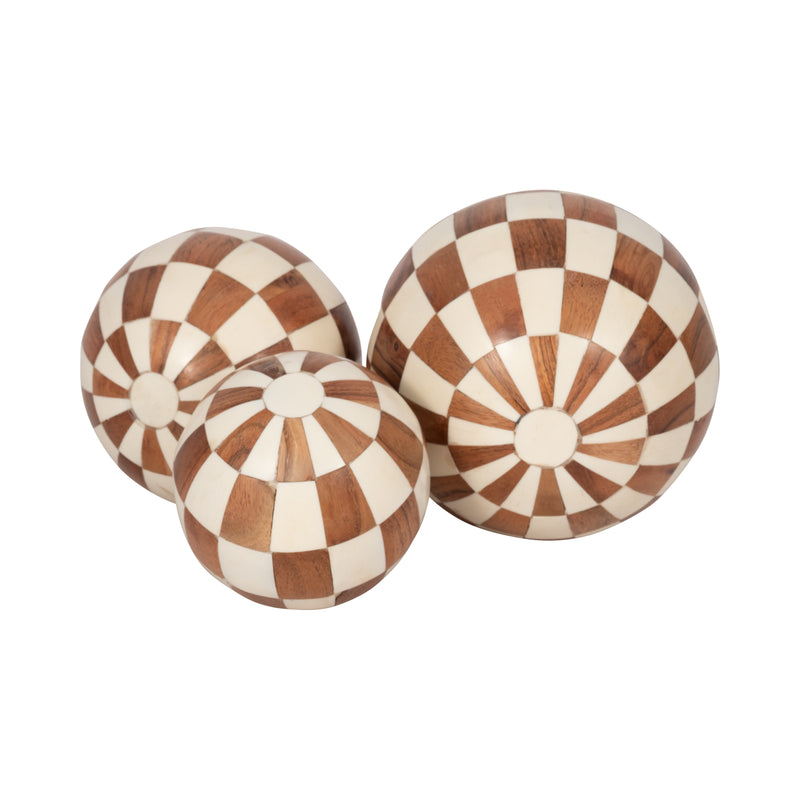 RESIN, S/3 4/5/6 CHECKERED ORBS, IVORY/NATURAL