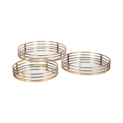 METAL, S/3 14/16/18 ROUND MIRRORED TRAYS, GOLD