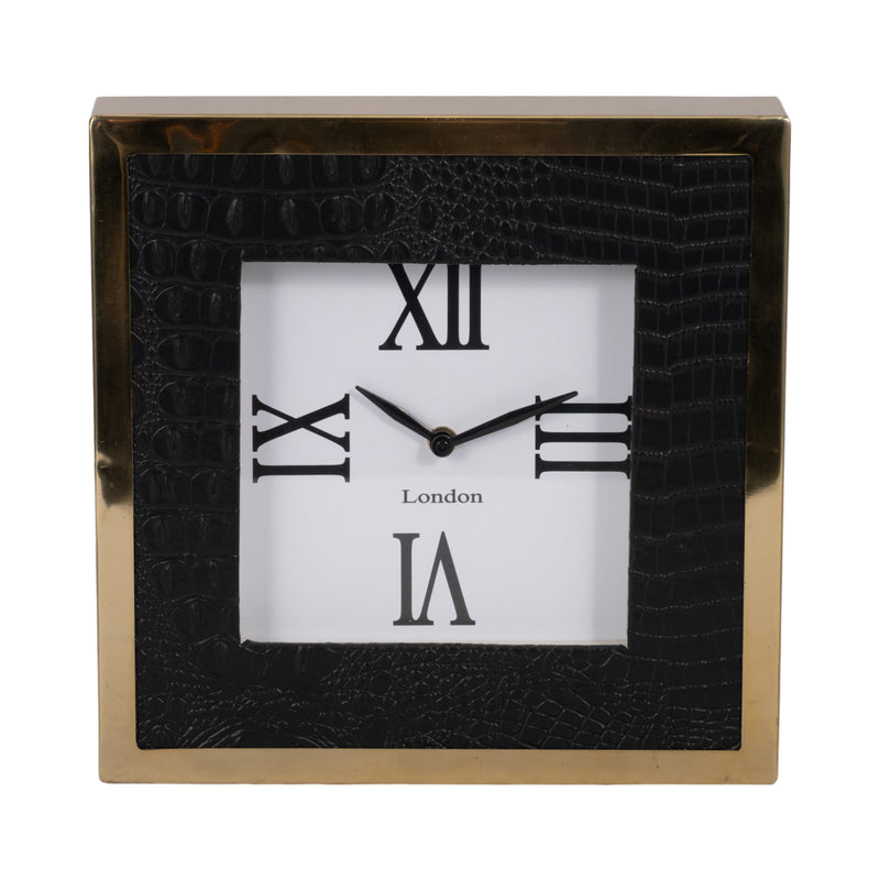 10 Faux Leather Croc Square Clock, Black/gold