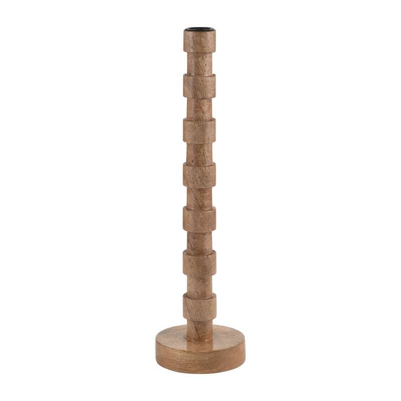 WOOD, 15H TEXTURED TAPER CANDLE HOLDER, BROWN