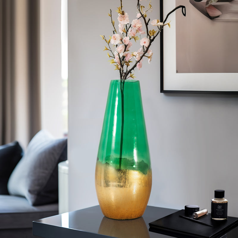 GLASS, 19 GOLD DIPPED VASE, GREEN