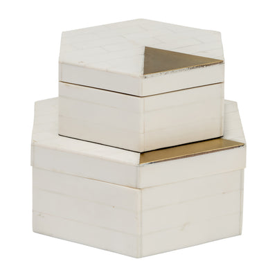 RESIN, S/2 5/7 HXGON BOXES W/BRASS INLAY, WHT/GLD