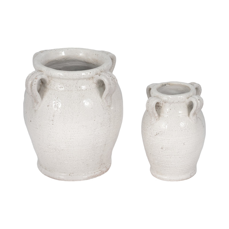 7 Terracotta Vase With Handles, White Crackle