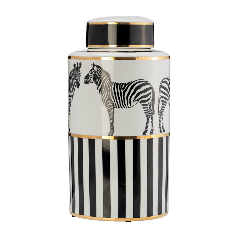 CER, 16H ZEBRA JAR W/ LID, WHITE/GOLD