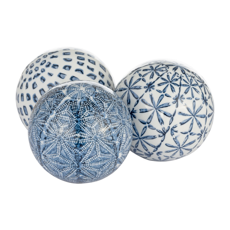 CER, BOXED 4 3/A PAINTED ORBS, BLUE/WHITE