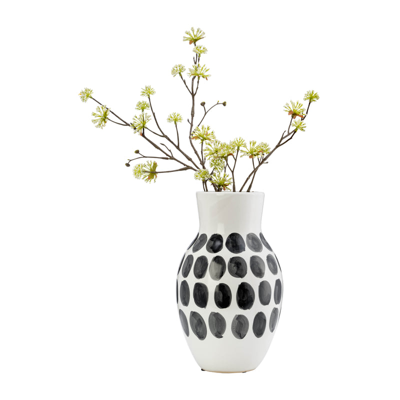 CER, 10H BLK POLK-A-DOT FLOWER VASE, WHITE