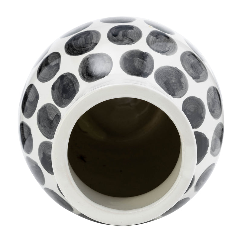 CER, 10H BLK POLK-A-DOT FLOWER VASE, WHITE