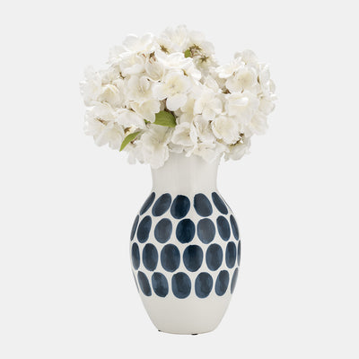 CER, 10H NAVY POLK-A-DOT FLOWER VASE, WHITE