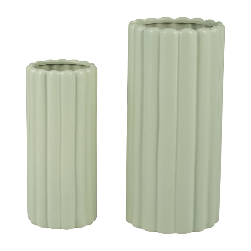 CER, S/2 10/13”H RIBBED VASES, CUCUMBER