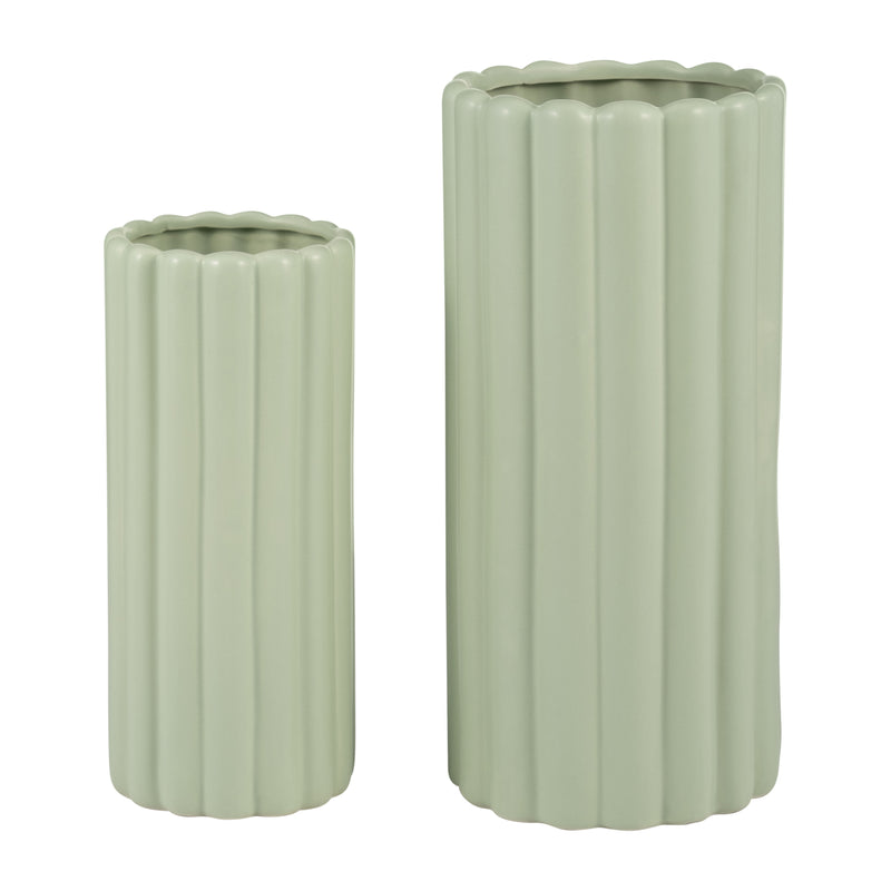 CER, S/2 10/13”H RIBBED VASES, CUCUMBER