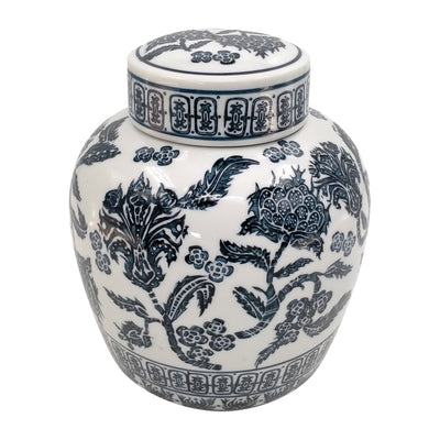 CER, 9 ROUNDED CHINOISERIE JAR W/ LID, DRK NVY