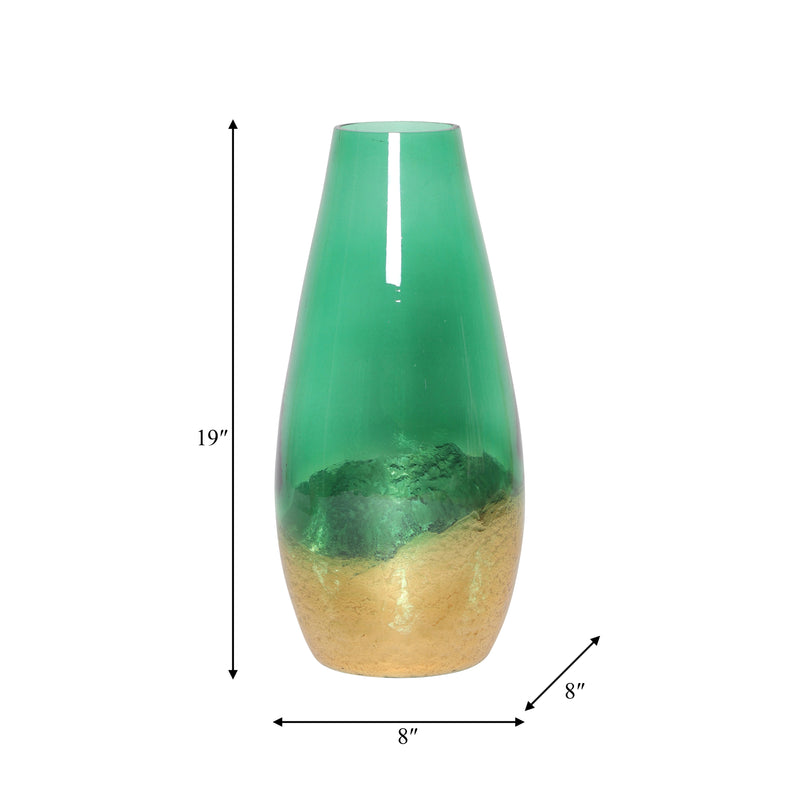 GLASS, 19 GOLD DIPPED VASE, GREEN