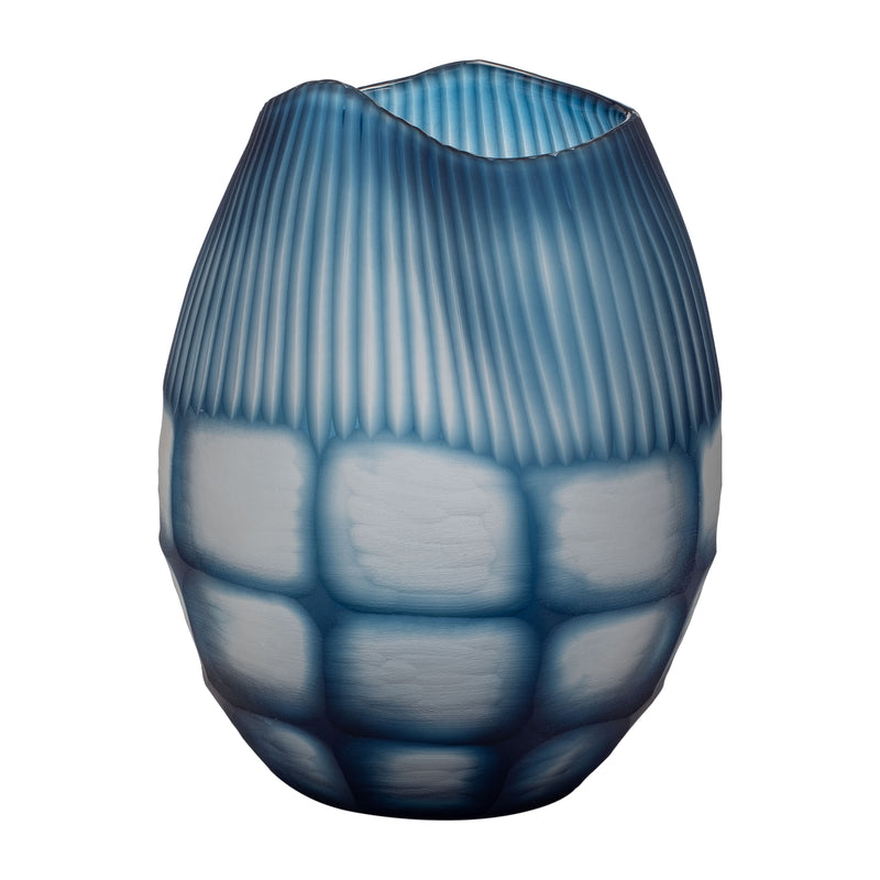 GLASS, 12 CARVED VASE BLUE