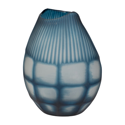 GLASS, 12 CARVED VASE BLUE