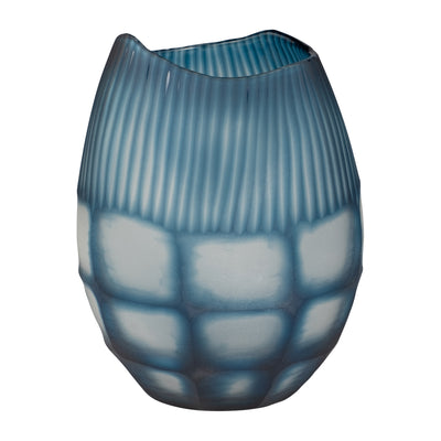 GLASS, 12 CARVED VASE BLUE