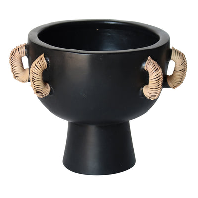 TERRACOTTA, 11H EARED BOWL ON STAND VASE, BLACK