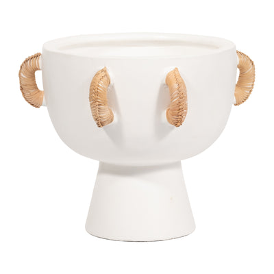 TERRACOTTA, 11H EARED BOWL ON STAND VASE, WHITE