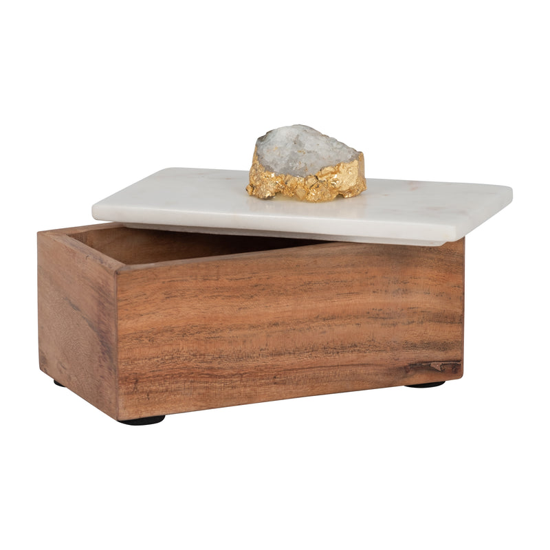 MARBLE, 7 CLEAR AGATE CLUSTER & WOOD BASE BOX, NA