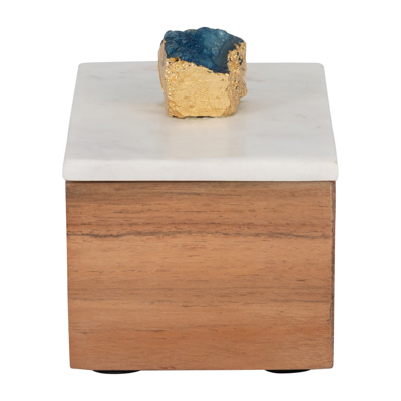 MARBLE, 7 BLUE AGATE CLUSTER & WOOD BASE BOX, NAT